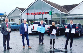 Siblings Terry And Mairead Mulkerns receive Independent Retail Awards from Finance Minister Conor Murphy, Glyn Roberts Retial NI and GAry McDonald Irish News